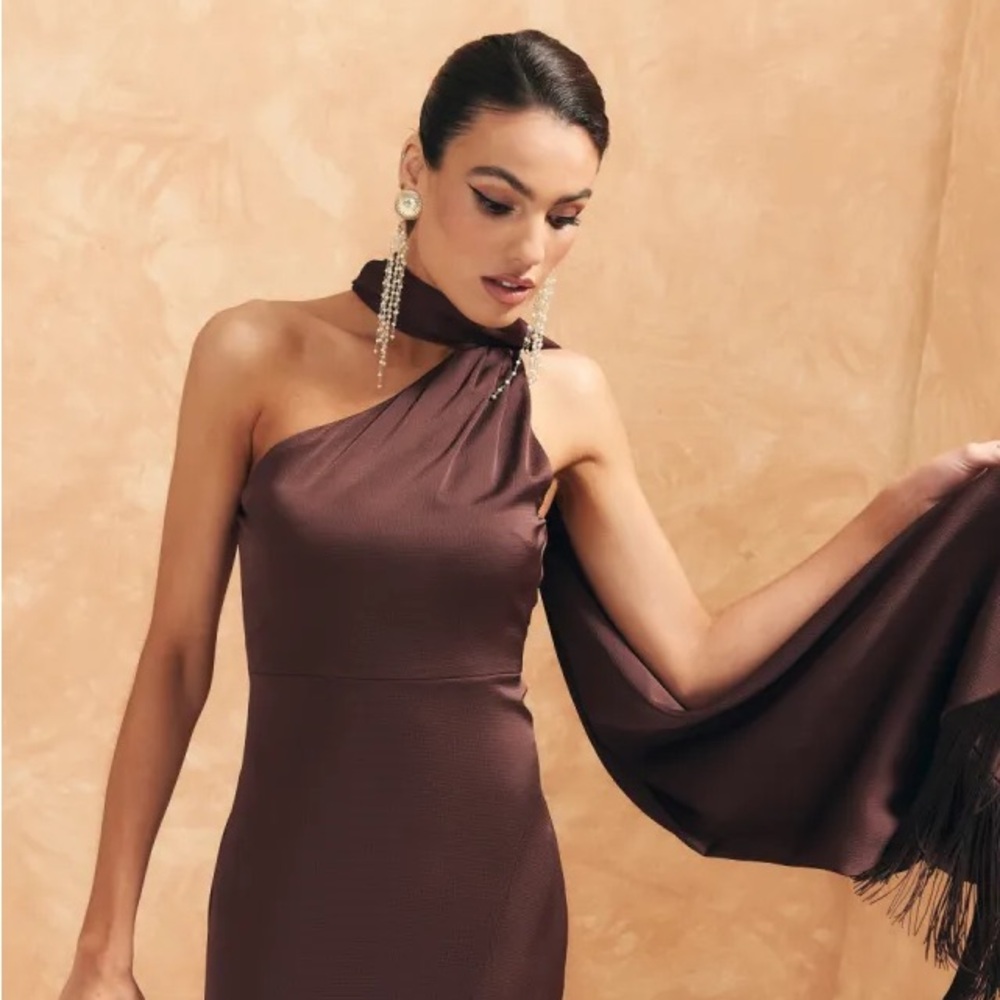 Sold Out! Luna One-Shoulder Brown Evening Dress with Drape Detai